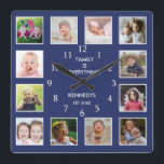 Create Your Own 12 Photo Collage Frame Blue Square Wall Clock<br><div class="desc">Create your own photo collage wall clock with 12 of your favorite pictures. The photo frame clock helps you treasure your special moments and also makes a thoughtful gift for parents, grandparents and friends. The personalized family clock makes it a perfect gift for all occasions. Personalize with family name and...</div>