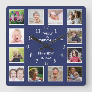 Create Your Own 12 Photo Collage Frame Blue Square Wall Clock