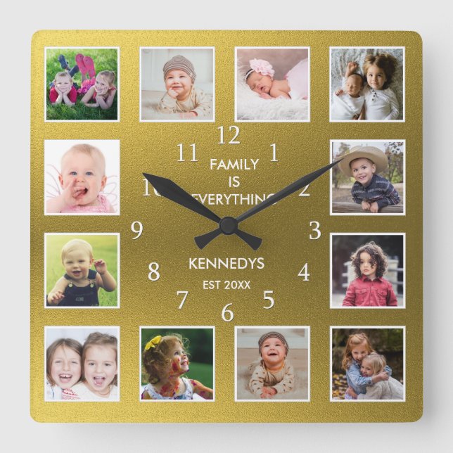 Create Your Own 12 Photo Collage Frame Gold Square Wall Clock (Front)