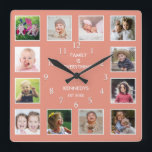 Create Your Own 12 Photo Collage Frame Peach Square Wall Clock<br><div class="desc">Create your own photo collage wall clock with 12 of your favourite pictures. The photo frame clock helps you treasure your special moments and also makes a thoughtful gift for parents, grandparents and friends. The personalised family clock makes it a perfect gift for all occasions. Personalise with family name and...</div>