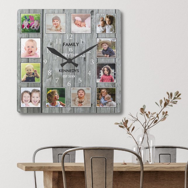 Create Your Own 12 Photo Collage Rustic Grey Wood Square Wall Clock (Creator Uploaded)