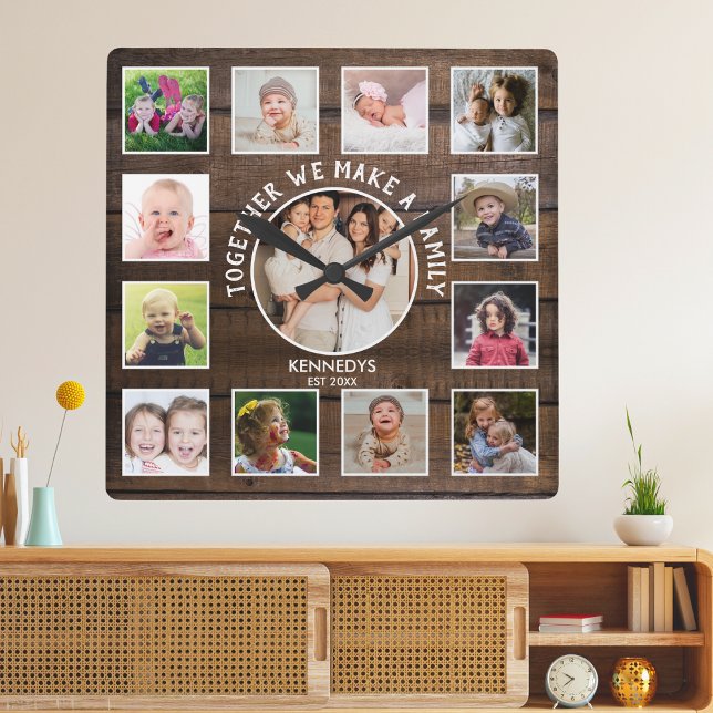 Create Your Own 13 Photo Collage Rustic Dark Wood  Square Wall Clock (Creator Uploaded)