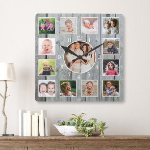 Create Your Own 13 Photo Collage Rustic Grey Wood  Square Wall Clock