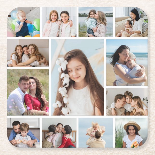 Create Your Own 13 Photo Collage Square Paper Coaster (Front)