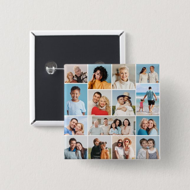 Create Your Own 15 Photo Collage Cm Square Badge (Front & Back)