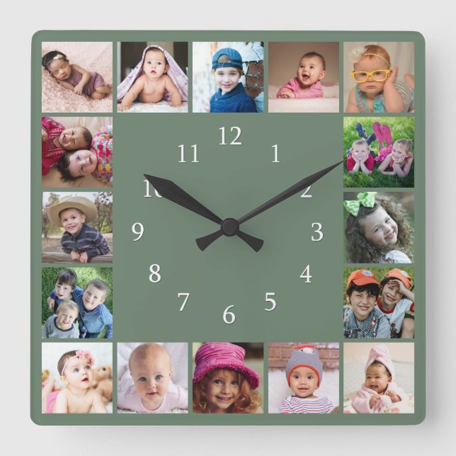 Create Your Own 16 Family Photo Collage  Green  Square Wall Clock (Front)