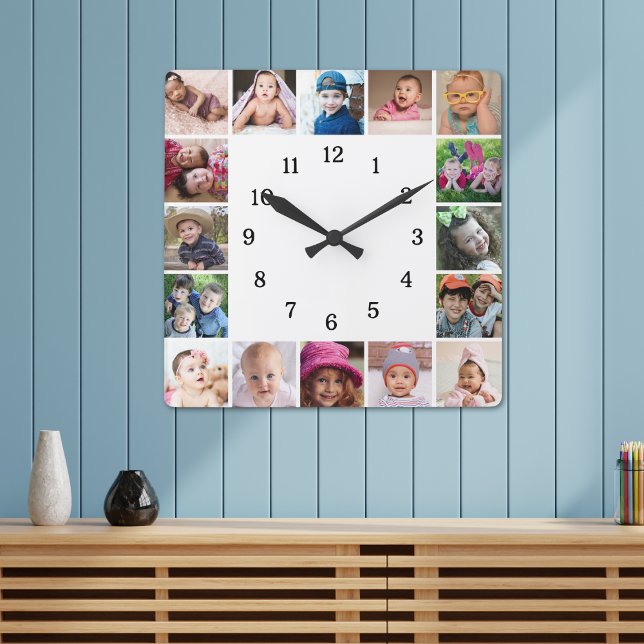 Create Your Own 16 Photo Collage Black And White Square Wall Clock (Creator Uploaded)