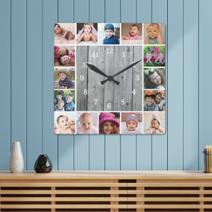 Create Your Own 16 Photo Collage Rustic Gray Wood Square Wall Clock