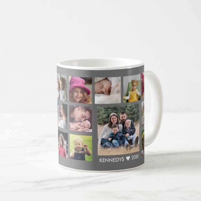 Create Your Own 18 Family Photo Collage Grey Coffee Mug (Front Right)