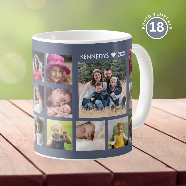 Create Your Own 18 Photo Collage Family Name Blue Coffee Mug (Creator Uploaded)