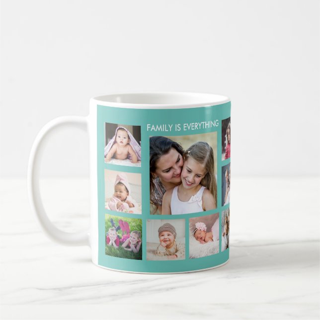Create Your Own 18 Photo Collage Family Name Teal Coffee Mug (Left)