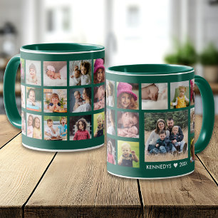 Create Your Own 22 Photo Collage Family Name Green Mug
