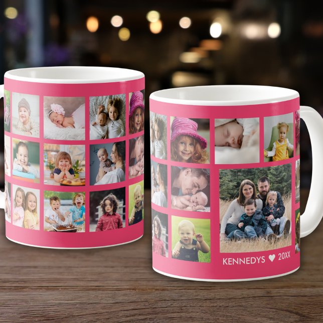 Create Your Own 22 Photo Collage Family Name Pink Coffee Mug (Creator Uploaded)