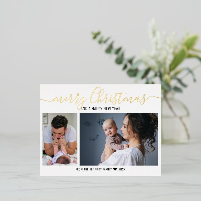 Create Your Own 2 Photo Baby First Christmas   Foil Holiday Postcard (Standing Front)