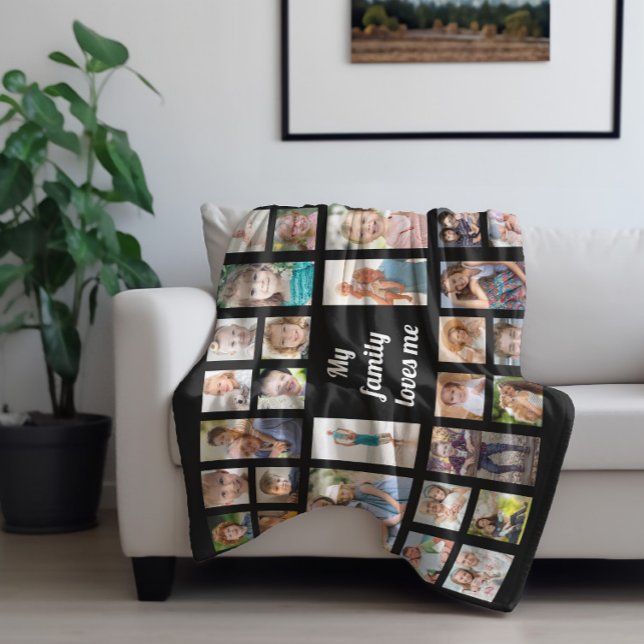 Create Your Own 32 Family Photo Collage Fleece Blanket ("My family loves me" photo fleece blanket)