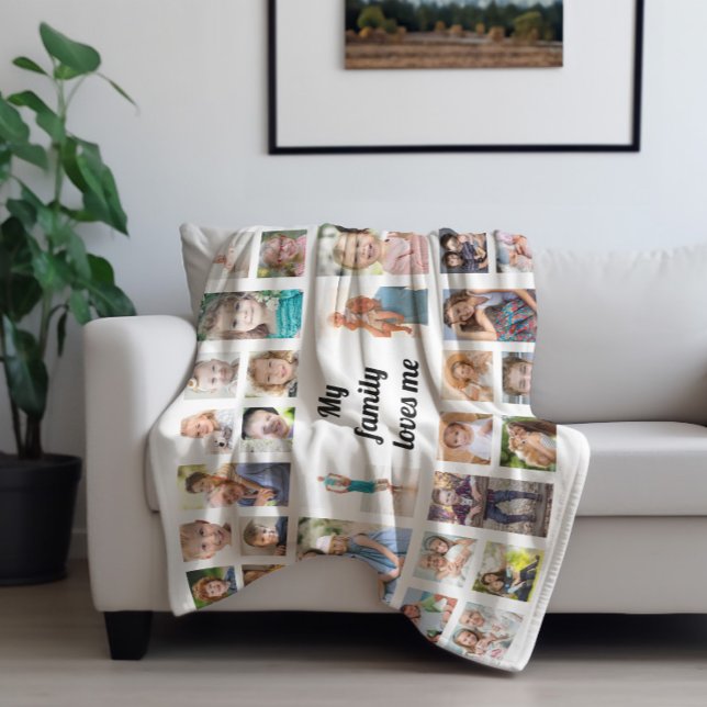 Create Your Own 32 Family Photo Collage White Fleece Blanket (White 32-photo "My family loves me." blanket)