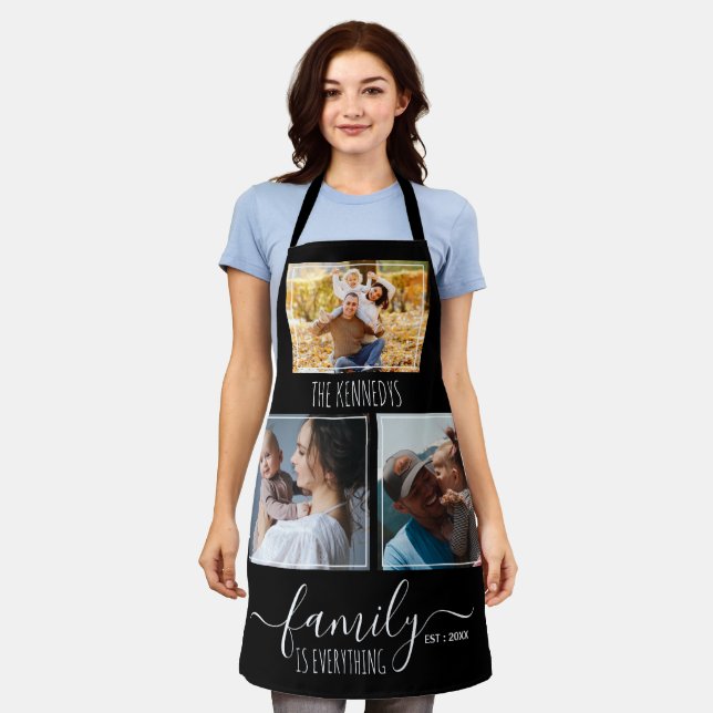 Create Your Own 3 Photo Family Quote Name Black Apron (Worn)