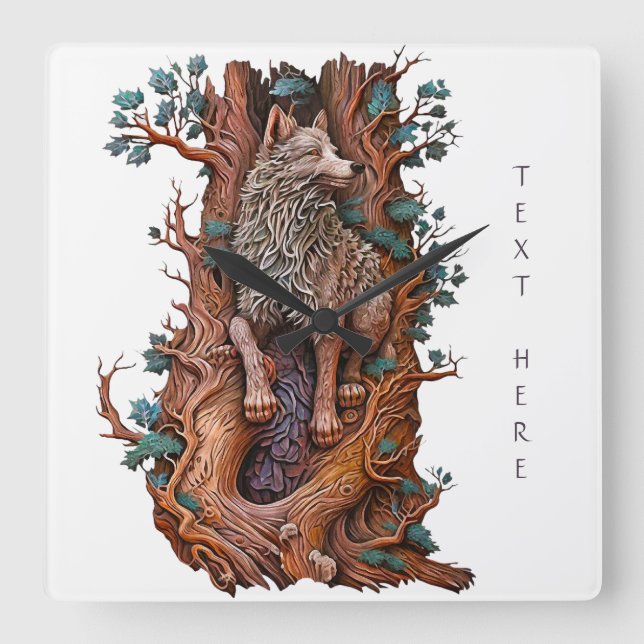 Create Your Own 3D Faux Bois Carved Wood Wolf Square Wall Clock (Front)