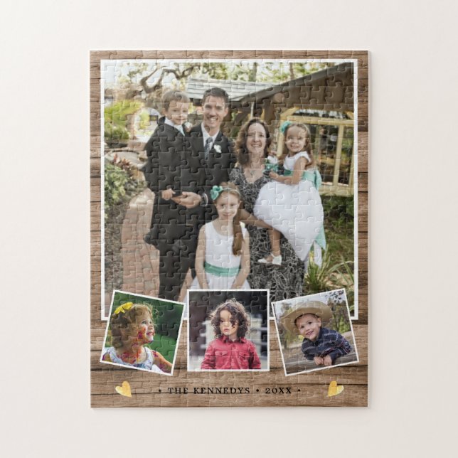 Create Your Own 4 Family Name Photo Collage Wood Jigsaw Puzzle (Vertical)