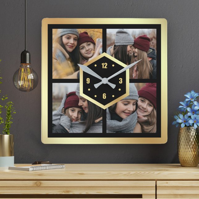 Create Your Own 4 Photo Collage Black and Gold Square Wall Clock (Creator Uploaded)