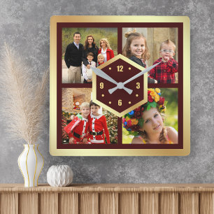 Create Your Own 4 Photo Collage Burgundy and Gold Square Wall Clock