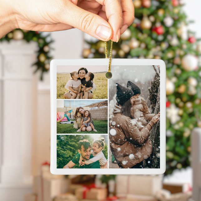 Create Your Own 4 Photo Collage Christmas Ceramic Ornament (Creator Uploaded)