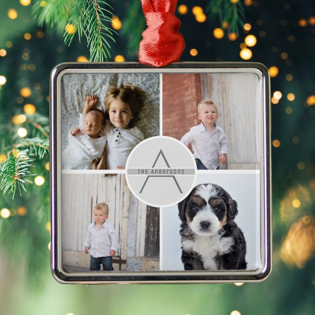 Create Your Own 4 Photo Collage Family Monogram Metal Ornament (Creator Uploaded)