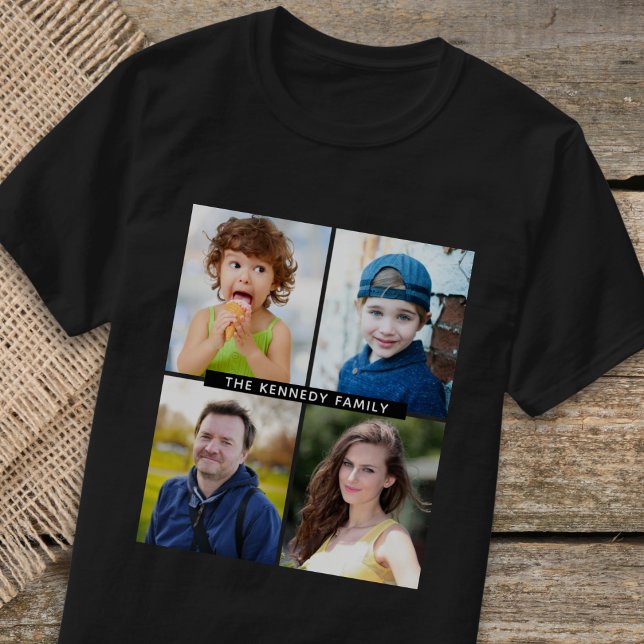 Create Your Own 4 Photo Collage Family Name  Black T-Shirt (Creator Uploaded)