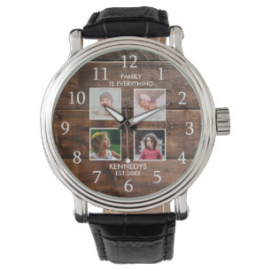 Create Your Own 4 Photo Collage Family Name Wood Watch