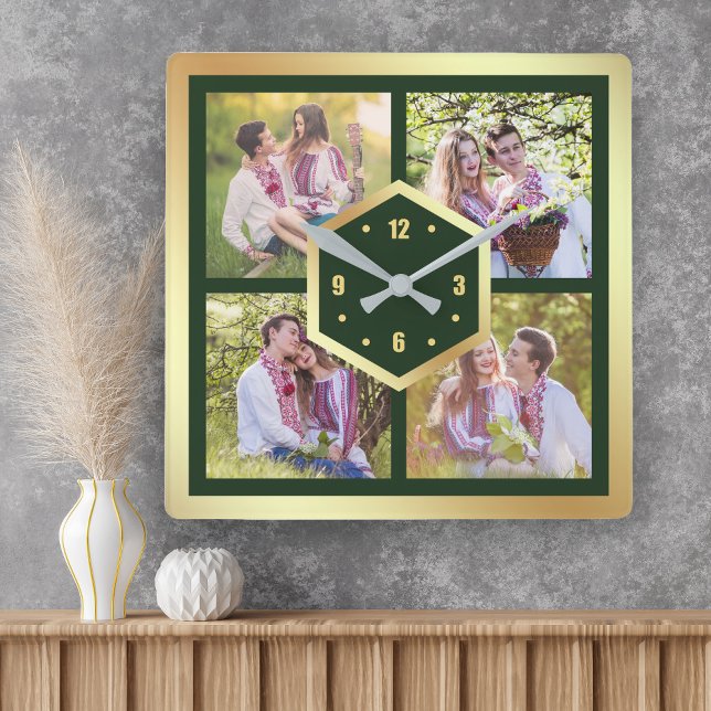 Create Your Own 4 Photo Collage Green and Gold Square Wall Clock (Creator Uploaded)