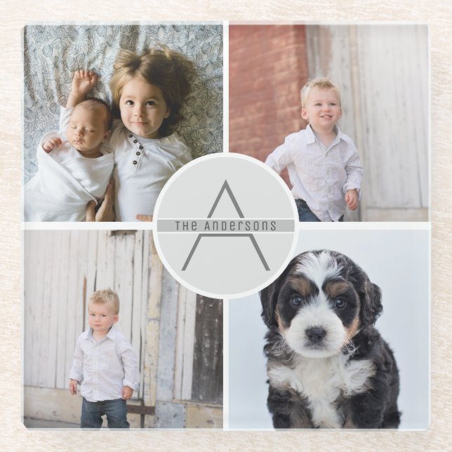 Create Your Own 4 Photo Collage Monogram Glass Coaster (Front)