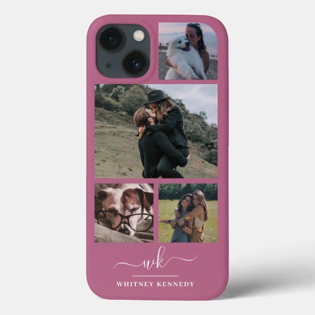 Create Your Own 4 Photo Collage Pink Monogram Case-Mate iPhone Case (Back)