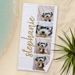 Create Your Own 4 Photo Collage Script Name gold Beach Towel<br><div class="desc">Photo collage in a film strip layout with a huge modern script for the name. Use up to four square or selfie phone photos to create a unique and personal gift. Or you can keep the hipster puppy and make a trendy keepsake. For best results, use photos that have been...</div>