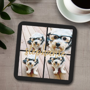 Create Your Own 4 Photo Collage - Script Name Square Paper Coaster