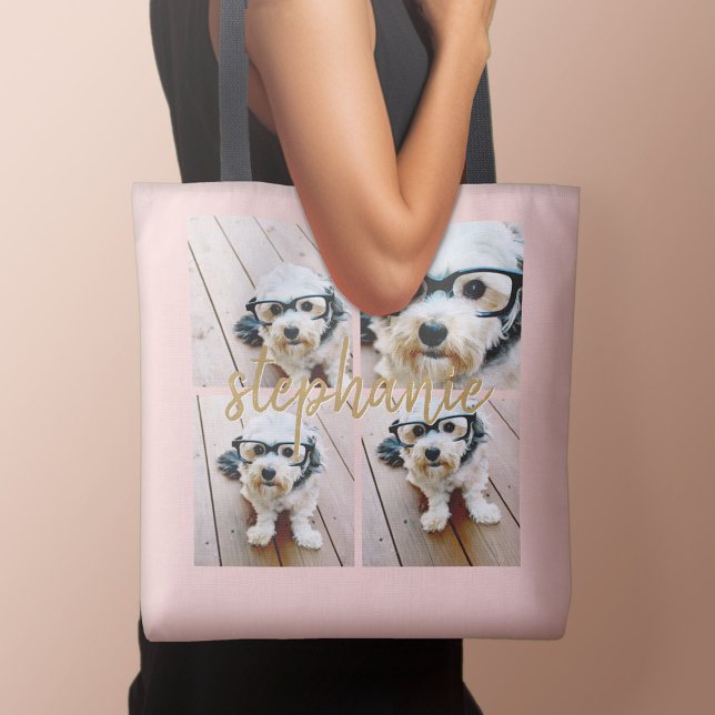 Create Your Own 4 Photo Collage - Script Name Tote Bag (Personalized tote bag with photo and text)