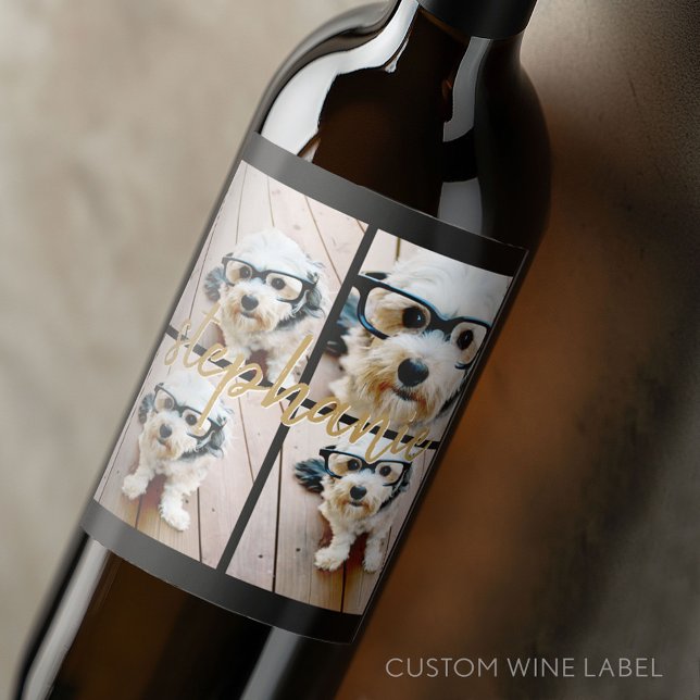 Create Your Own 4 Photo Collage - Script Text Wine Label (Custom Wine Bottle Label - Personalize a Sticker for a fun gift or memento)