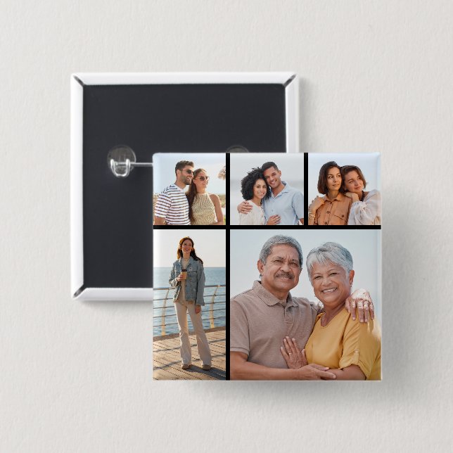 Create Your Own 5 Photo Collage 15 Cm Square Badge (Front & Back)