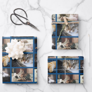 Create Your Own 5 Photo Collage Blue Border Wrapping Paper Sheet