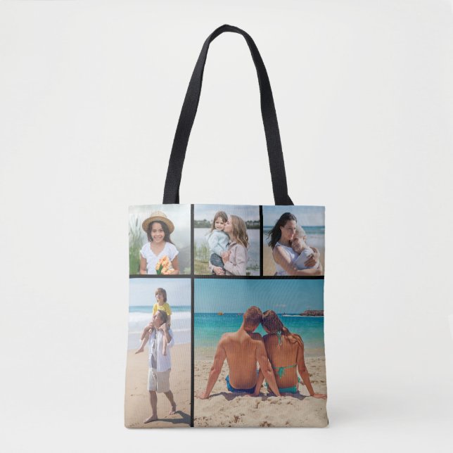 Create Your Own 5 Photo Collage Editable Color Tote Bag (Front)
