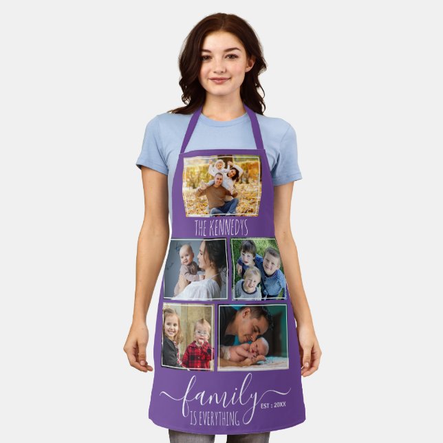 Create Your Own 5 Photo Collage Family Name Purple Apron (Worn)