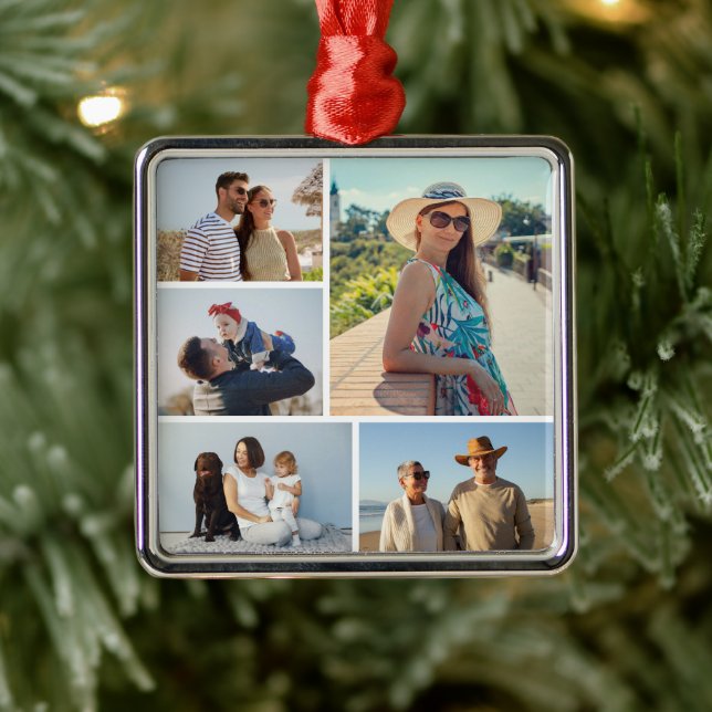 Create Your Own 5 Photo Collage Metal Ornament (Tree)