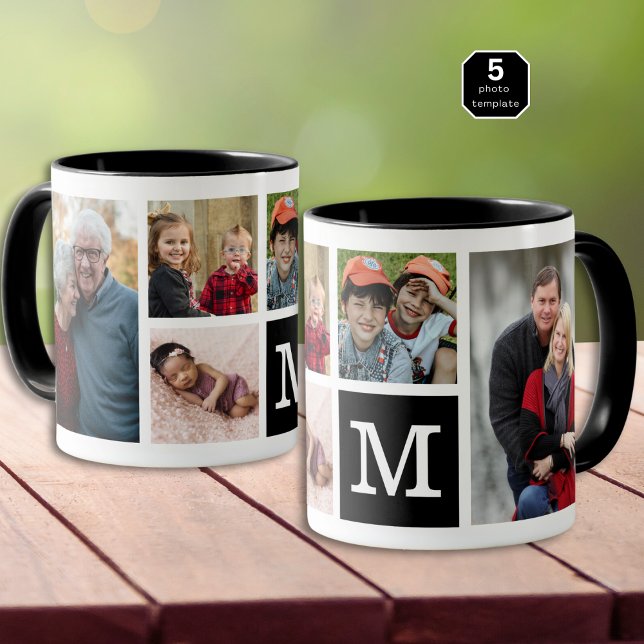 Create Your Own 5 Photo Collage Monogrammed  Black Mug (Creator Uploaded)