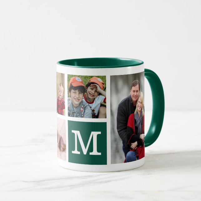 Create Your Own 5 Photo Collage Monogrammed Green Mug (Front Right)