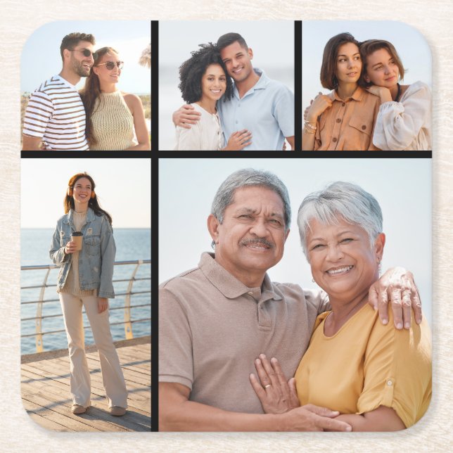 Create Your Own 5 Photo Collage Square Paper Coaster (Front)