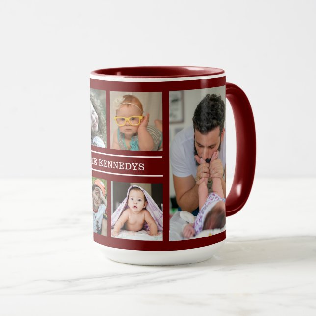 Create Your Own 6 Photo Collage Family Name Maroon Mug (Front Right)