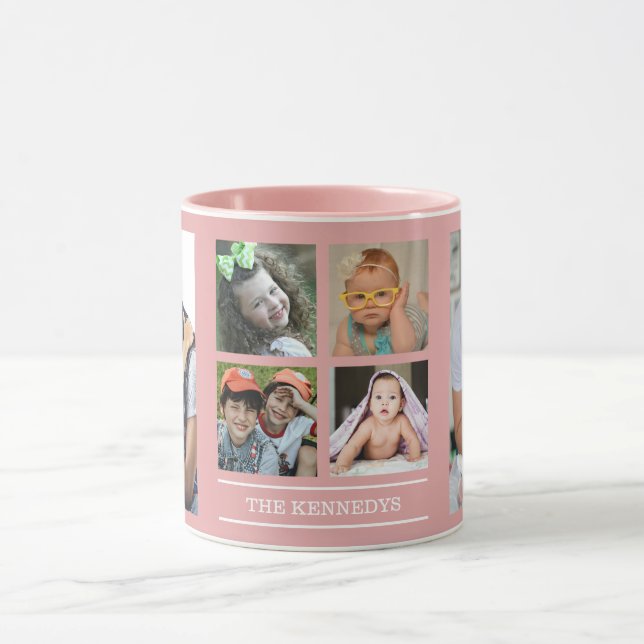 Create Your Own  6 Photo Collage  Family Name Pink Mug (Center)