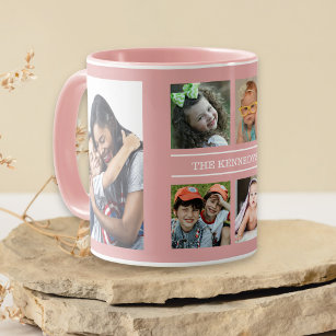 Create Your Own 6 Photo Collage Family Name Pink Mug