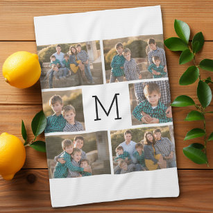 Create Your Own 6 Photo Collage - Monogram White Tea Towel