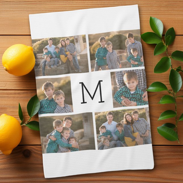 Create Your Own 6 Photo Collage - Monogram White Tea Towel (Add 6 photos - personalized kitchen towel)