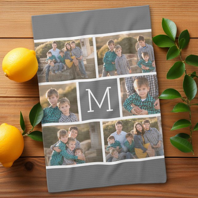 Create Your Own 6 Photo Collage - Monogram White Tea Towel (Custom Kitchen Towel with Photo Collage)